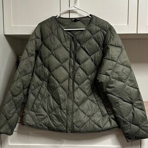 Eddie Bauer Quilted Down Jacket Womens XL Olive Green Puffer Gorpcore Minimalist